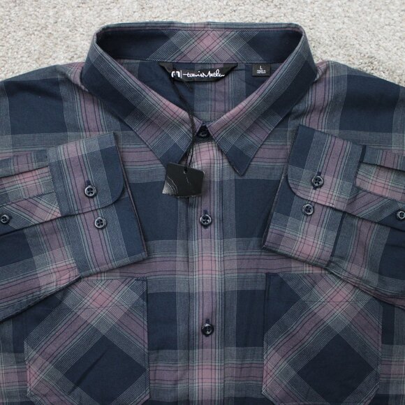 Travis Mathew Shirt NWT Mens Large Purple/Black Clould Plaid Flannel Long Sleeve - Picture 1 of 16